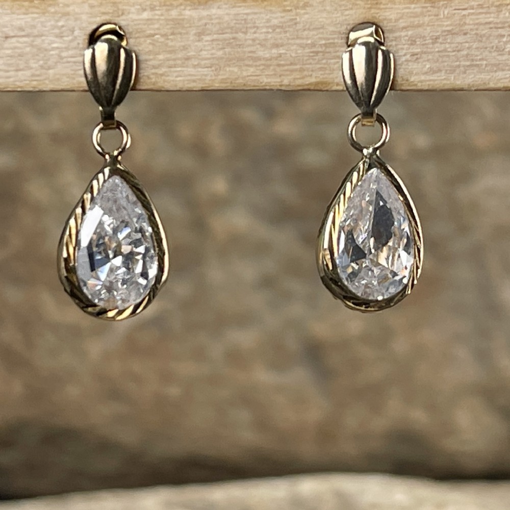 9ct Gold Crystal Stone Drop Earrings