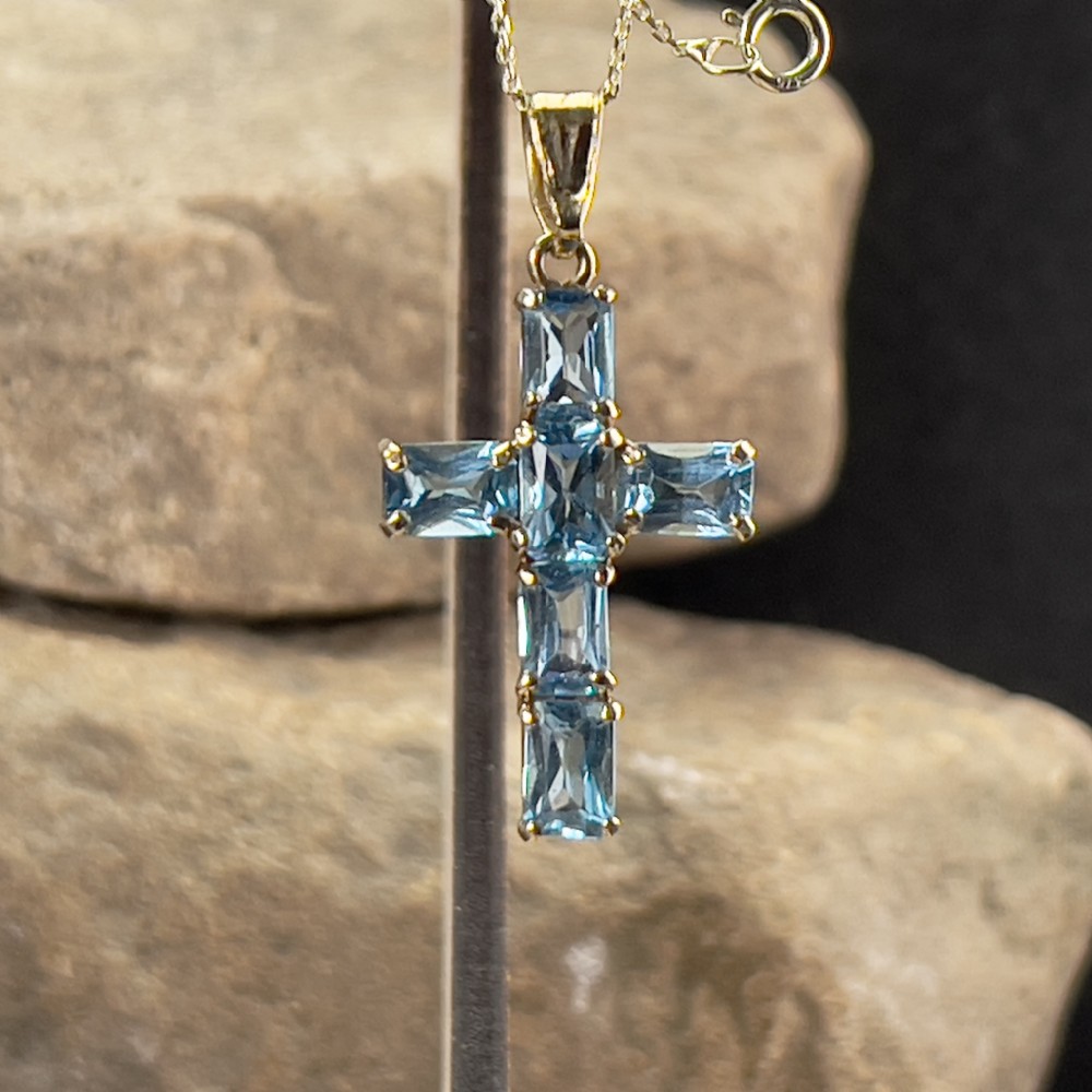 9ct Gold Blue Topaz Stone Set Cross Pendant Necklace