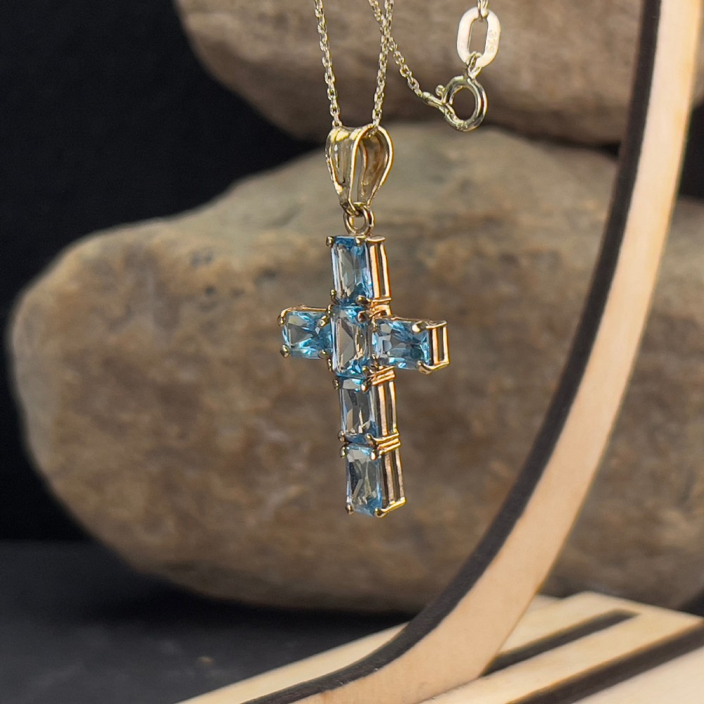 9ct Gold Blue Topaz Stone Set Cross Pendant Necklace View VI