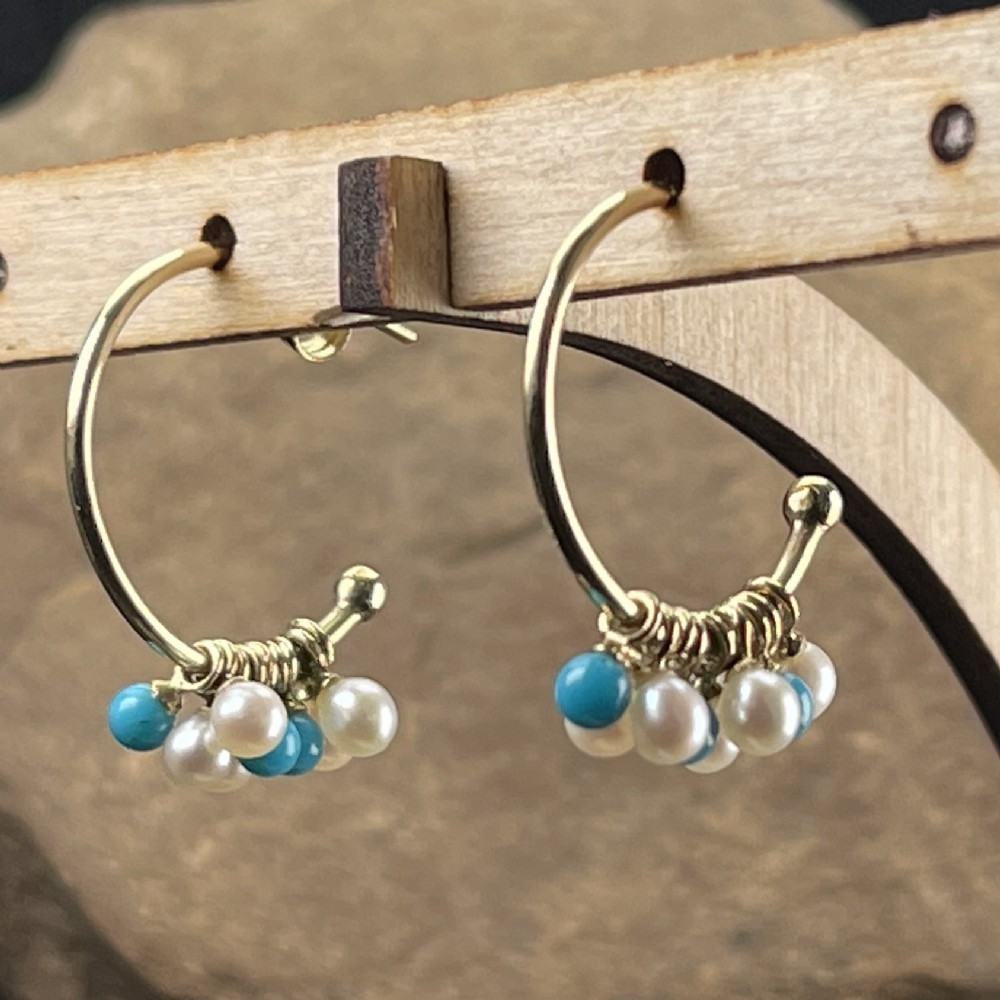 9ct Gold Pearl Pearl & Turquoise Earrings