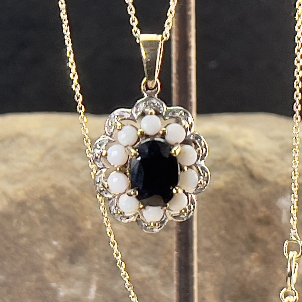 9ct Gold Sapphire, Opal & Diamond Pendant Necklace