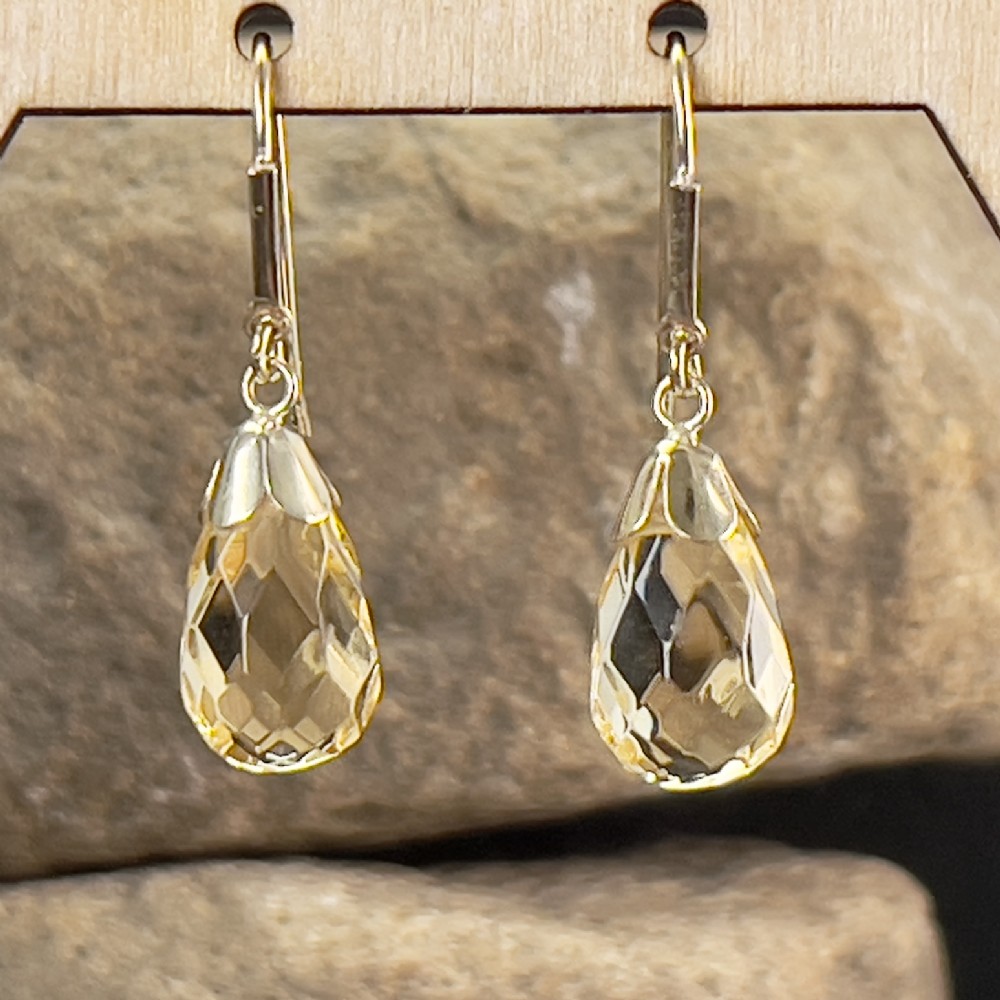 9ct Gold Pear Drop Cut Faceted Citrine Drop Dangly Earrings