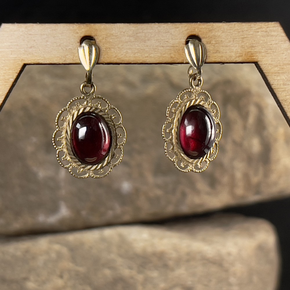 9ct Gold Cabochon Garnet Drop Dangling Earrings View III