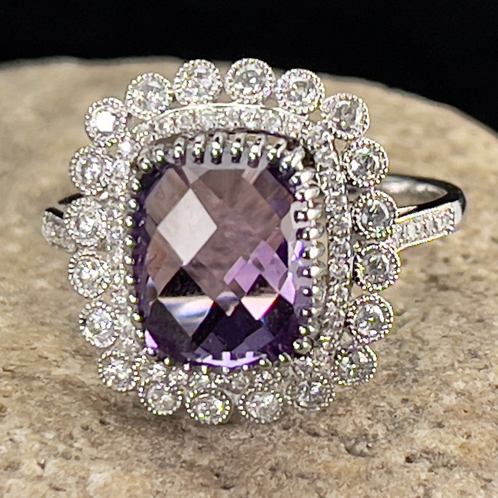 18ct White Gold Amethyst and Diamond Cluster Ring