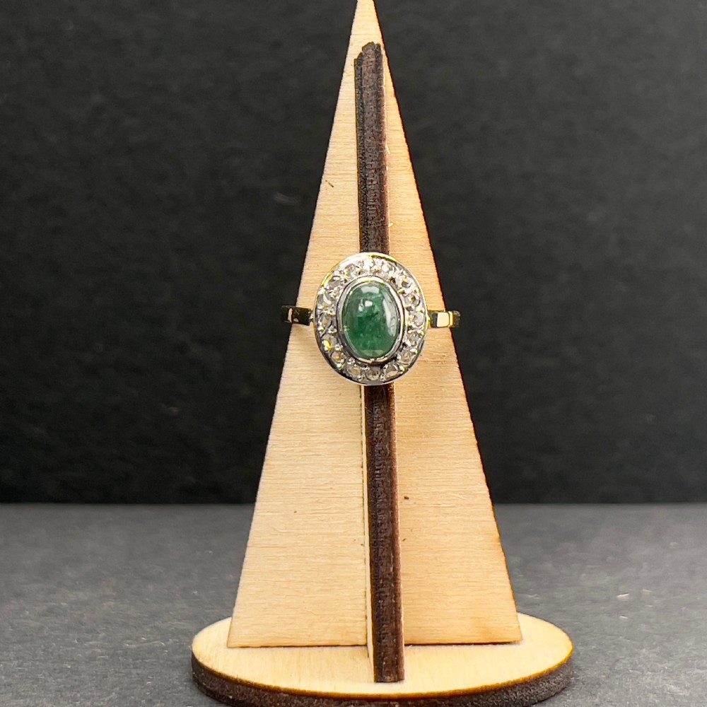 18ct Gold Emerald Cabochon & Rose Cut Diamond Cluster Ring View IX