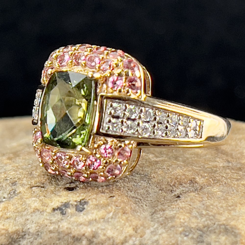 9ct Gold Diamond, Russian Diopside & Pink Topaz Cluster Ring