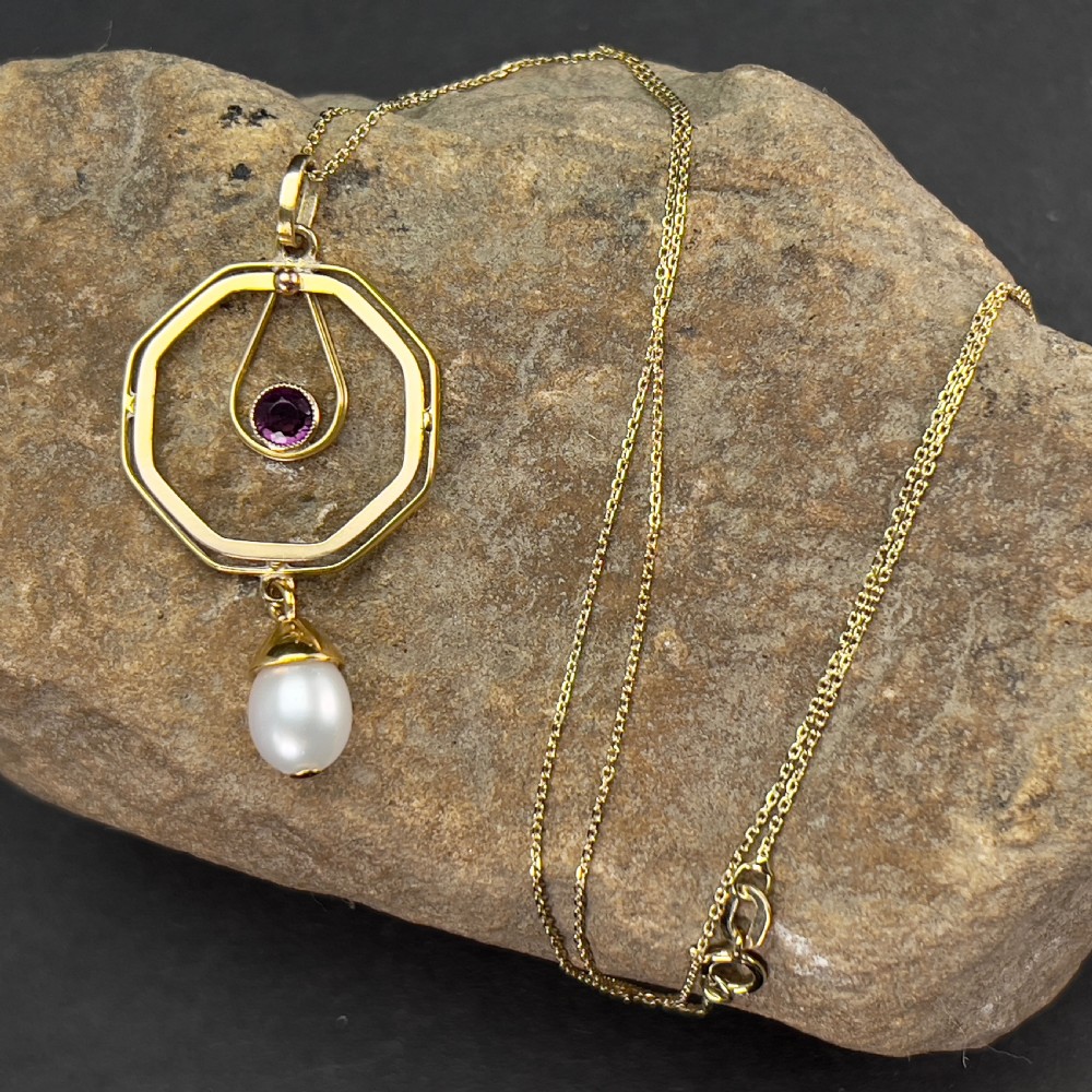 9ct Gold Art Nouveau Amethyst And Cultured Pearl Pendant Necklace View XI