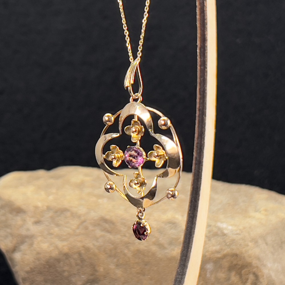 9ct Art Nouveau Amethyst Lavalier Pendant Necklace View V