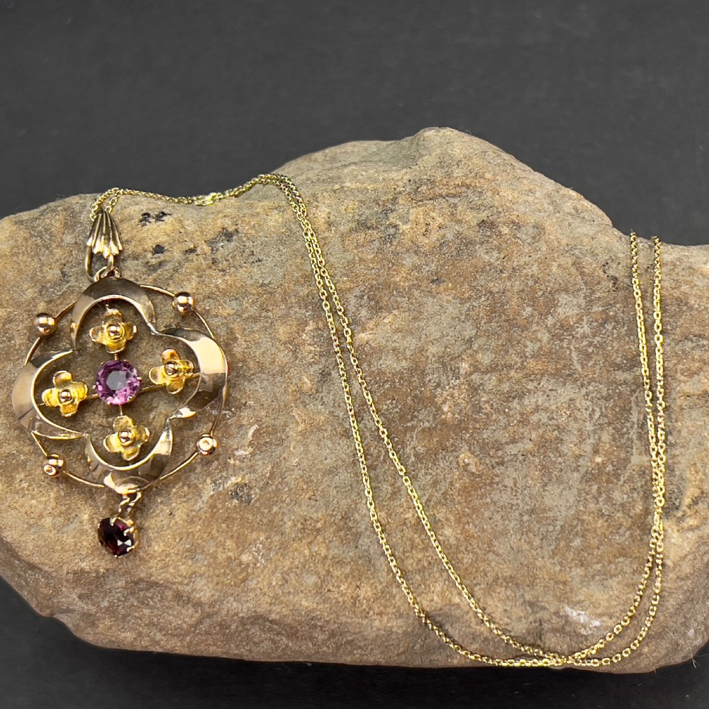9ct Art Nouveau Amethyst Lavalier Pendant Necklace View IX