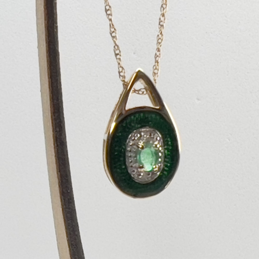 14ct Gold Green Enamel, Emerald & Diamond Pendant Necklace View X