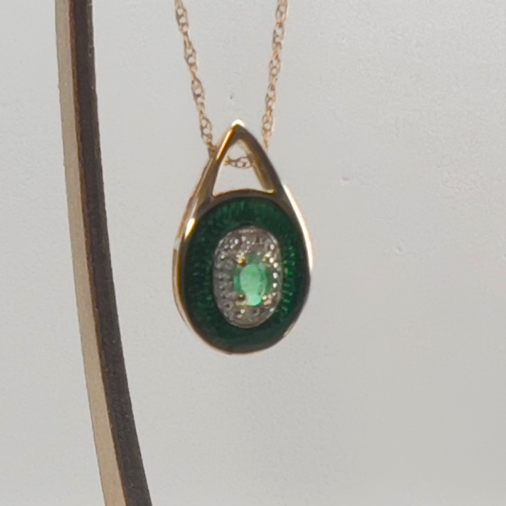 14ct Gold Green Enamel, Emerald & Diamond Pendant Necklace View XI