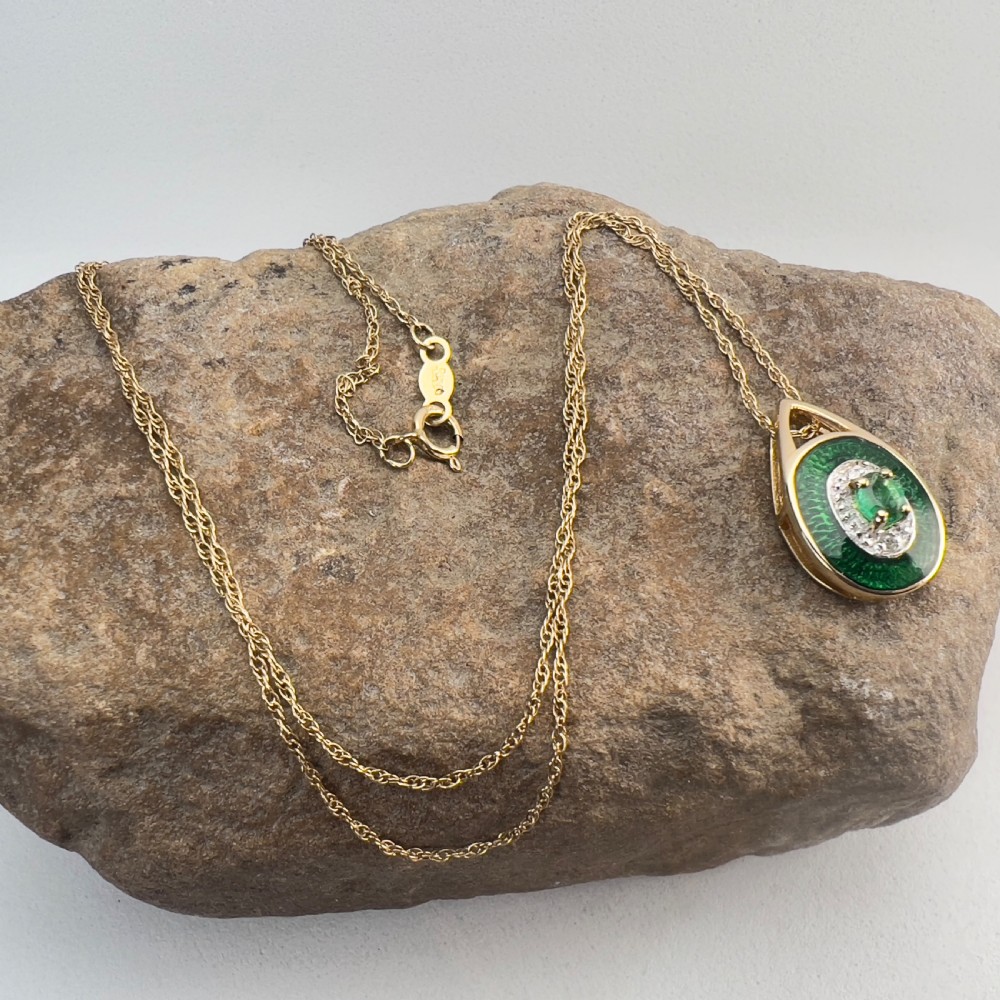 14ct Gold Green Enamel, Emerald & Diamond Pendant Necklace