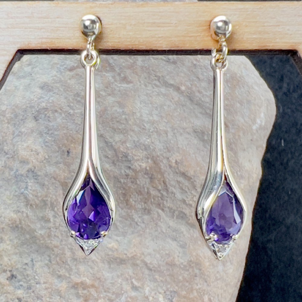9ct Gold Amethyst & Diamond Drop Earring