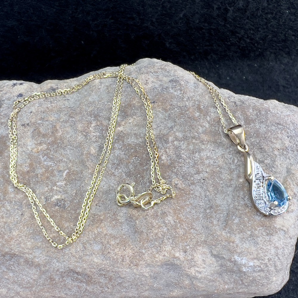 9ct Gold Blue Topaz & Diamond Pendant Necklace  View XIII