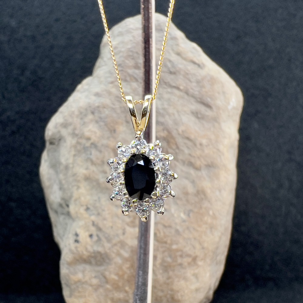 9ct Gold Sapphire & Diamond Cluster Pendant Necklace