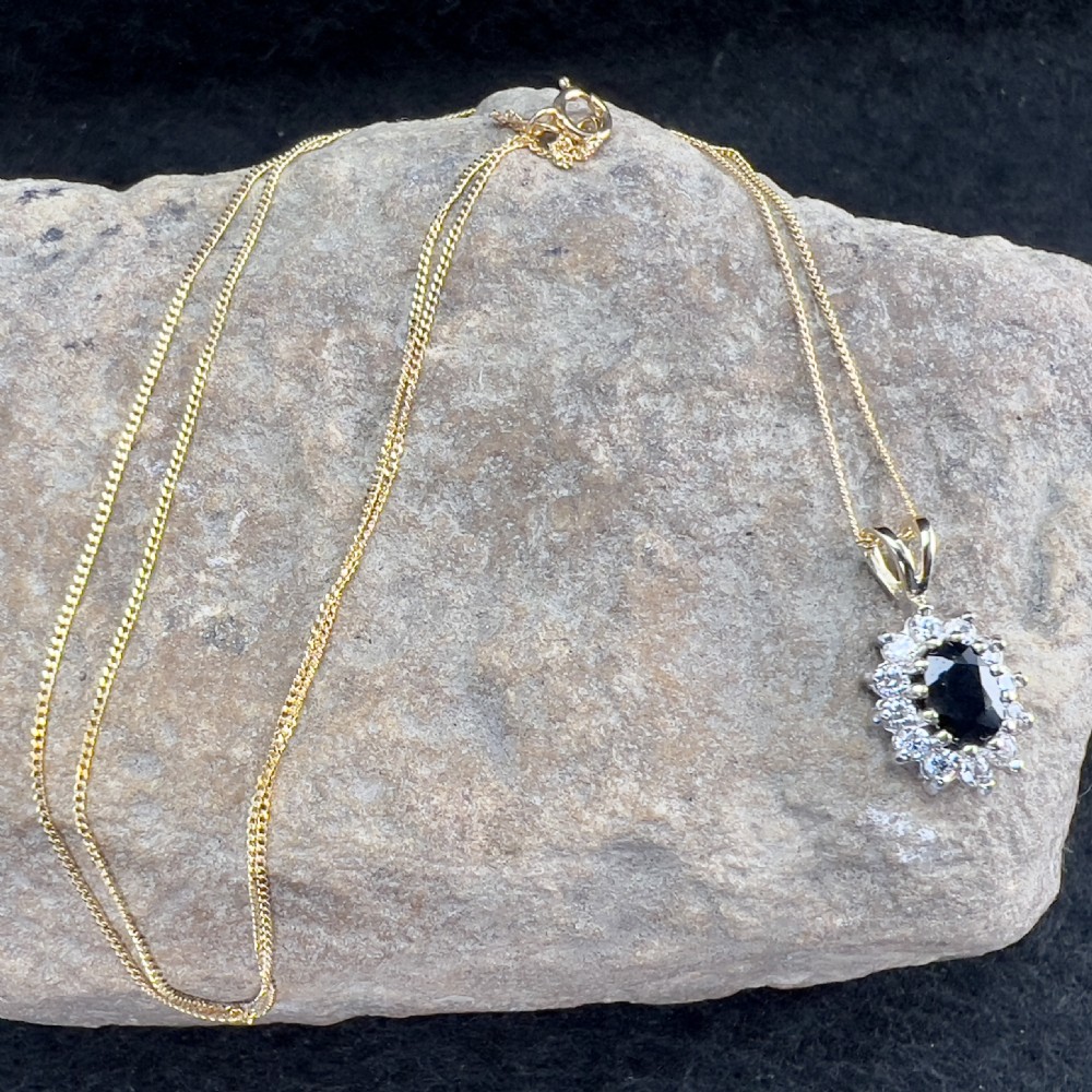 9ct Gold Sapphire & Diamond Cluster Pendant Necklace View X