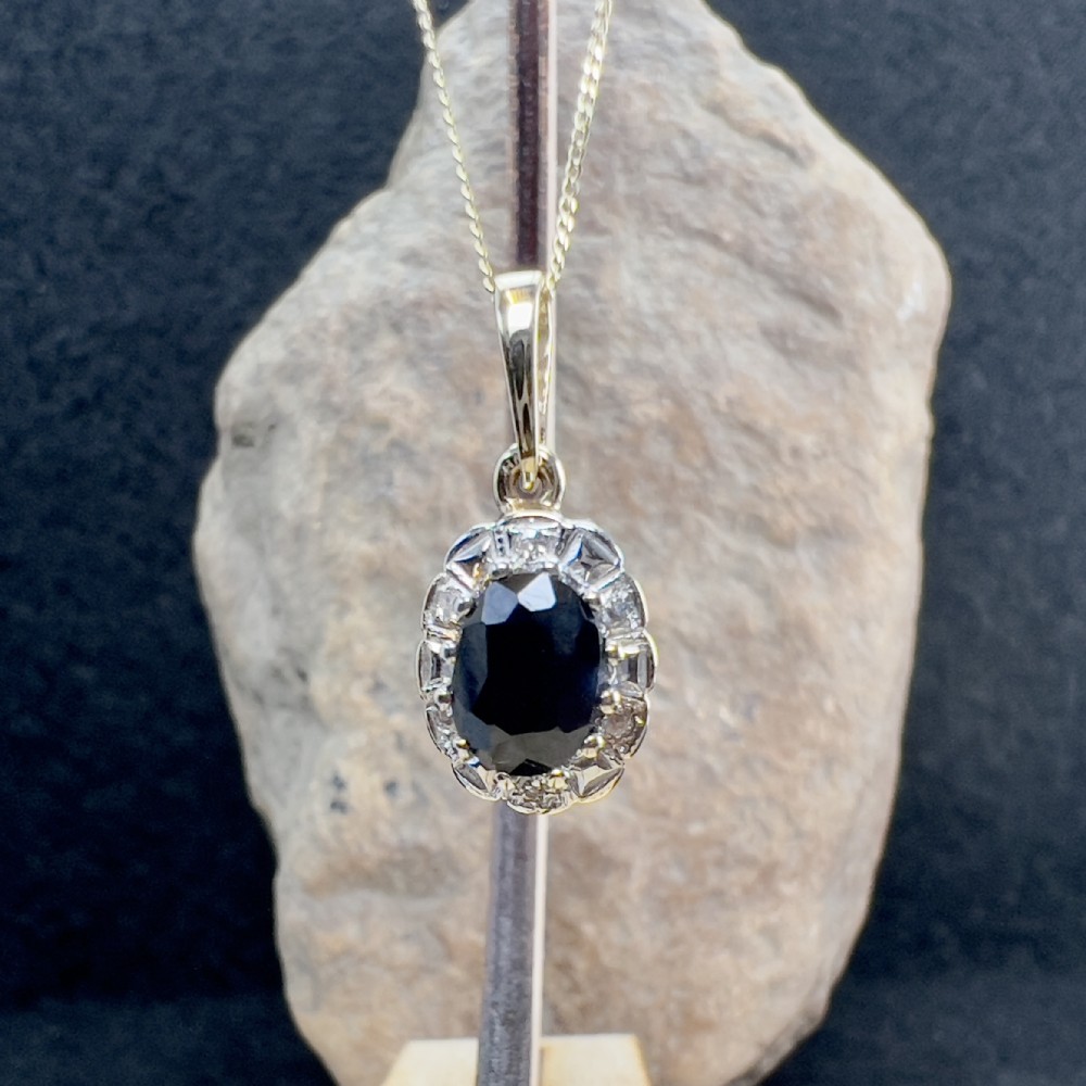 9ct Gold Sapphire & Diamond Cluster Pendant Necklace 