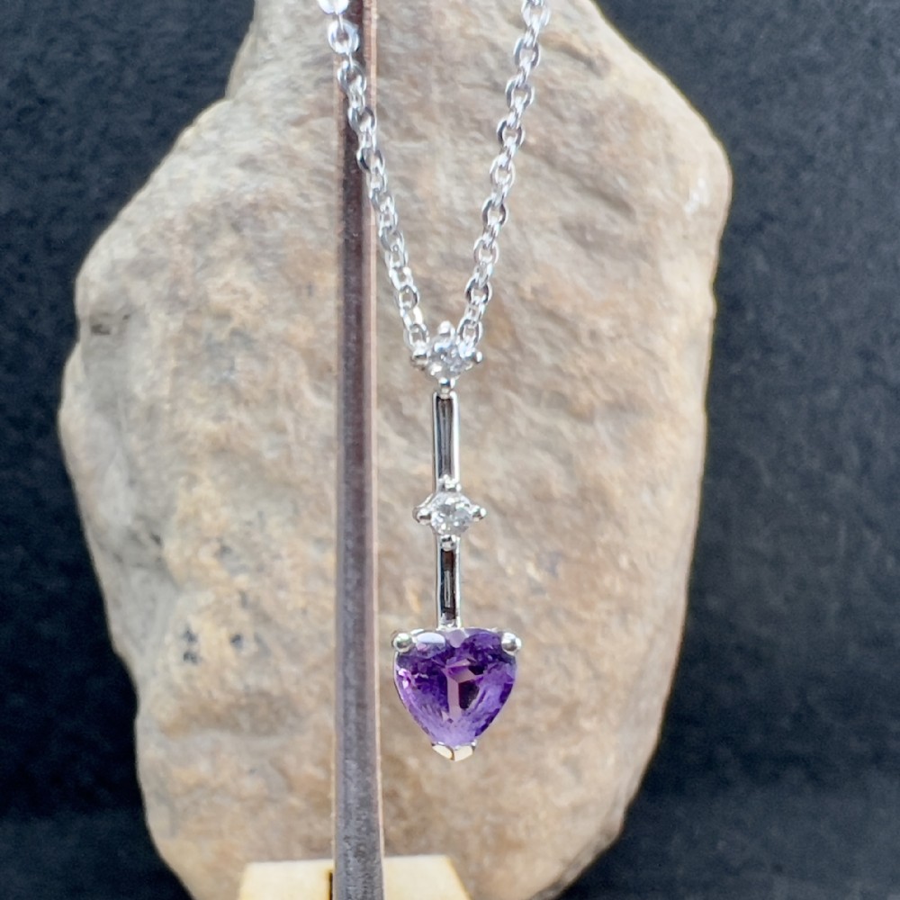 9ct White Gold Heart Amethyst Drop & White Zircons Pendant Necklace 
