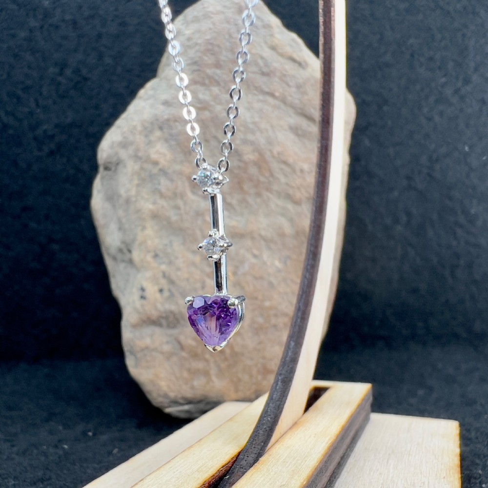 9ct White Gold Heart Amethyst Drop & White Zircons Pendant Necklace  View II