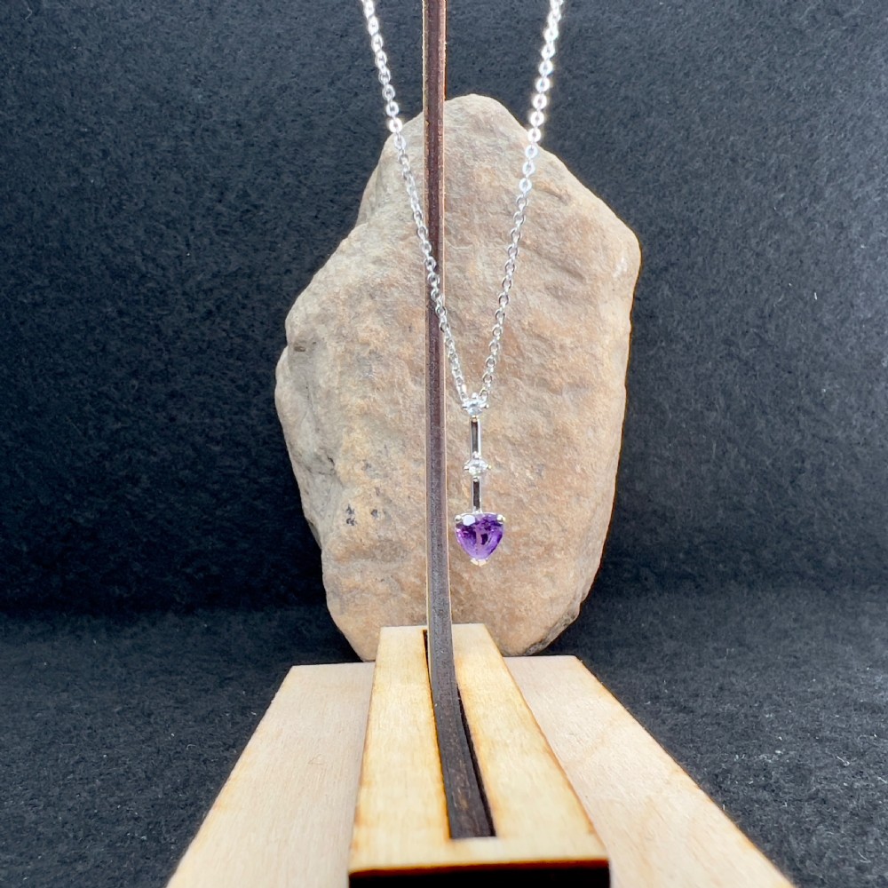 9ct White Gold Heart Amethyst Drop & White Zircons Pendant Necklace  View XI