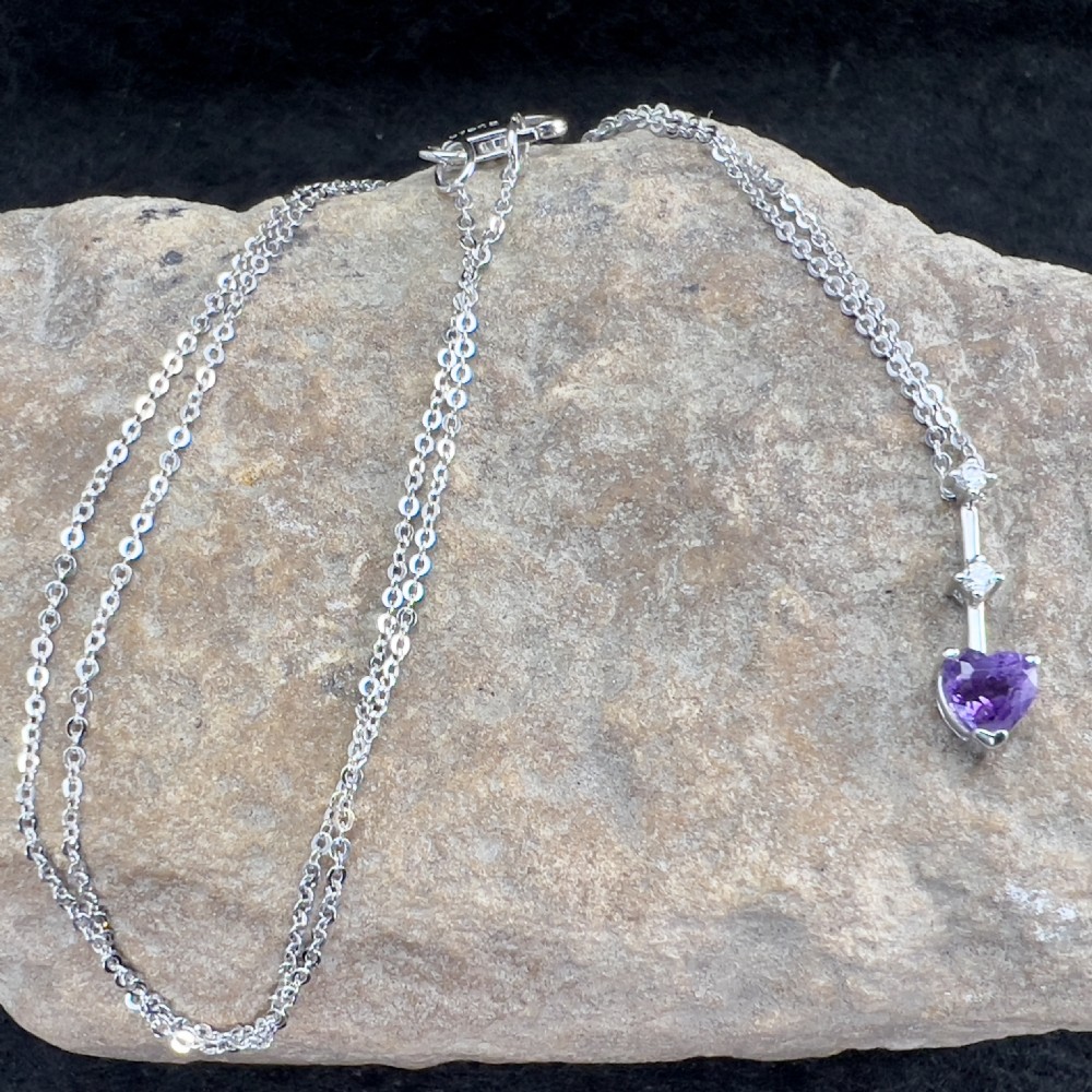 9ct White Gold Heart Amethyst Drop & White Zircons Pendant Necklace  View XII