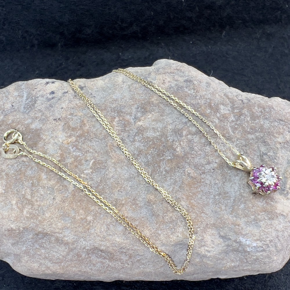 A 9ct yellow gold necklace featuring a floral starburst cluster pendant set with a central diamond surrounded by pink rubies. View X