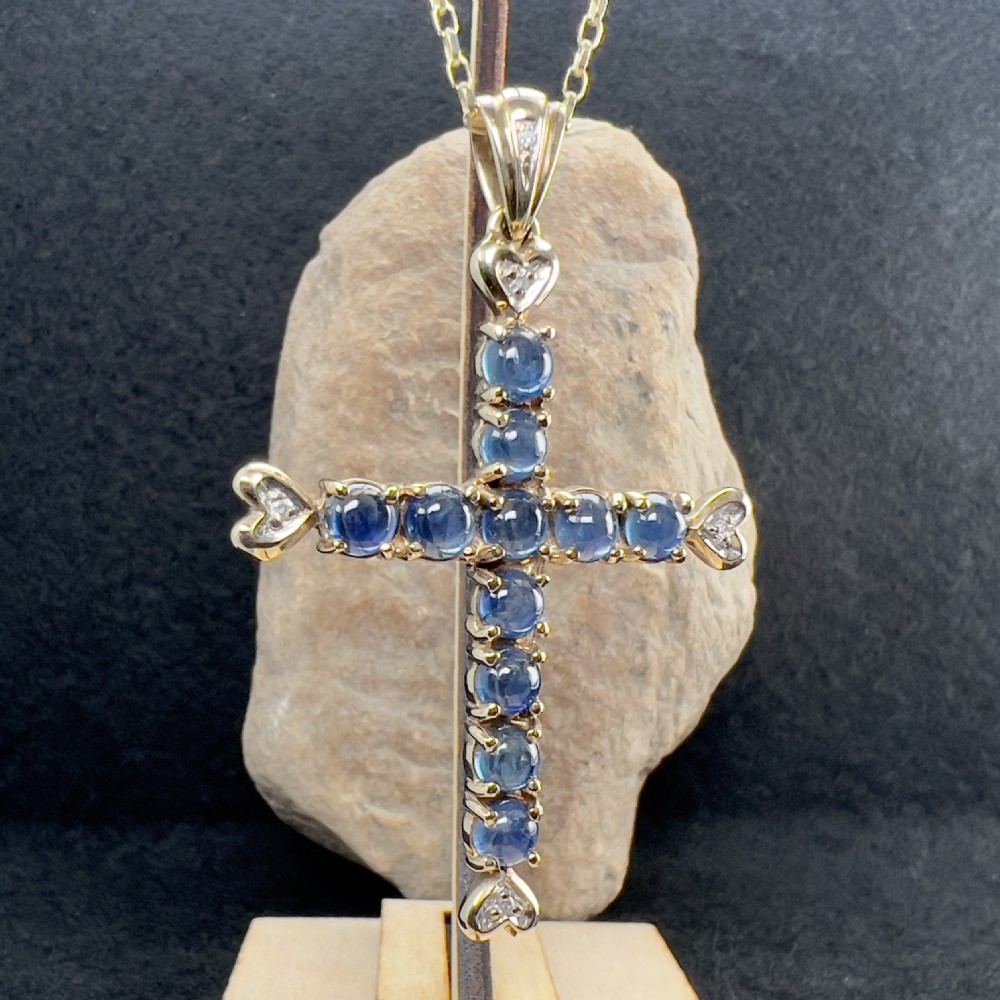 9ct Gold Diamond & Cabochon Sapphire Cross Pendant Necklace