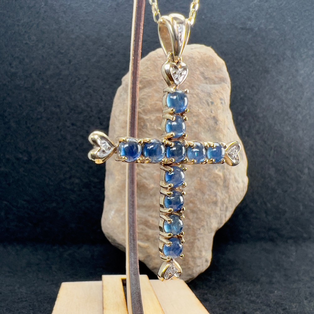 9ct Gold Diamond & Cabochon Sapphire Cross Pendant Necklace View IX