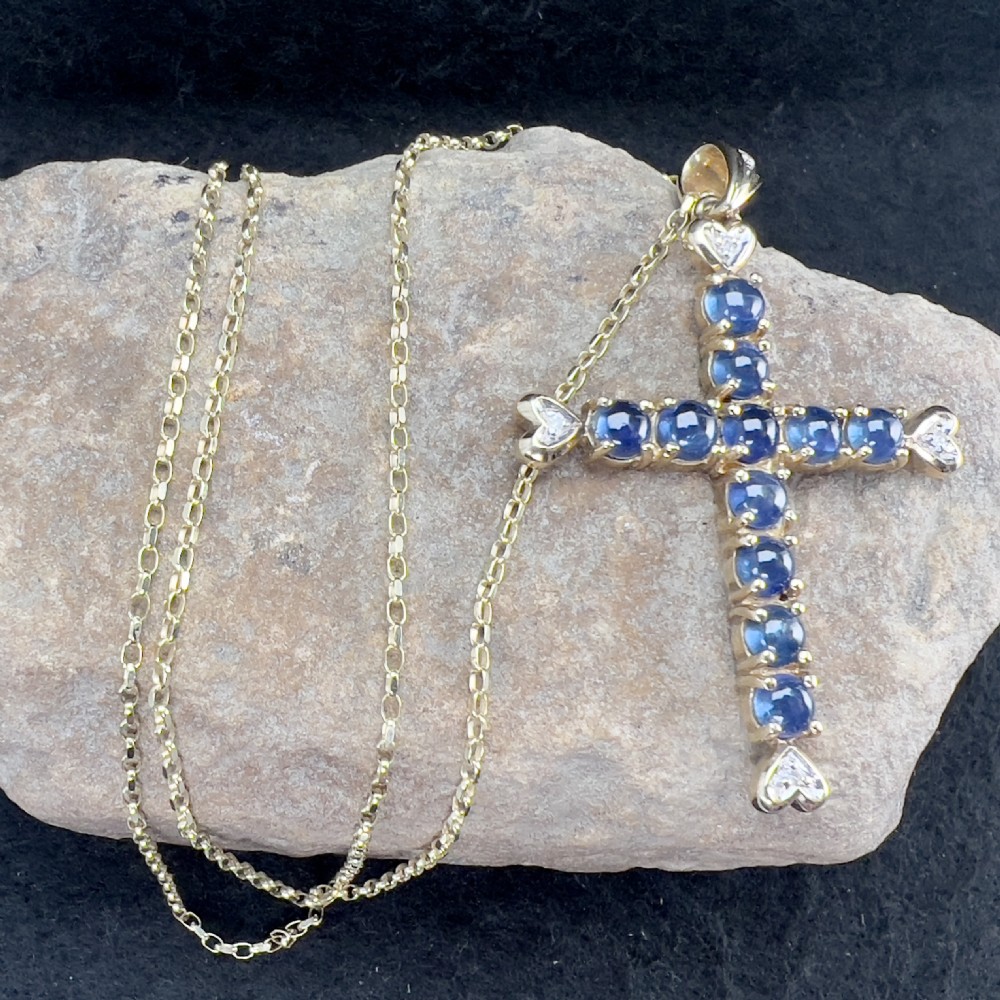 9ct Gold Diamond & Cabochon Sapphire Cross Pendant Necklace View X