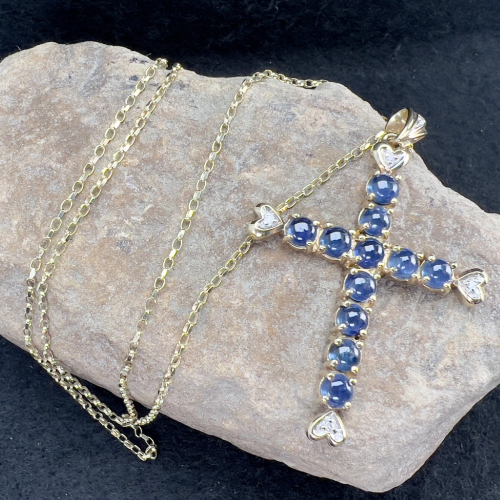 9ct Gold Diamond & Cabochon Sapphire Cross Pendant Necklace View XI
