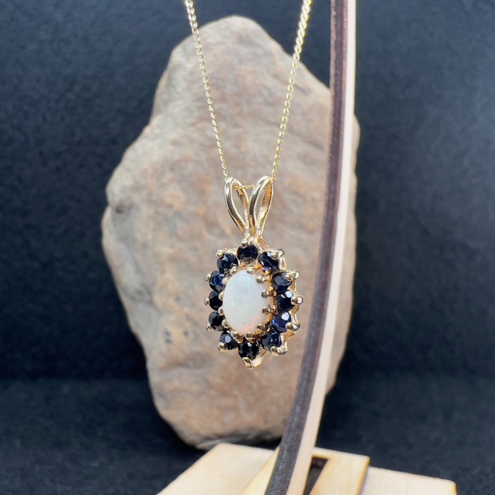 9ct Gold Sapphire & Fiery Opal Cluster Pendant Necklace View II