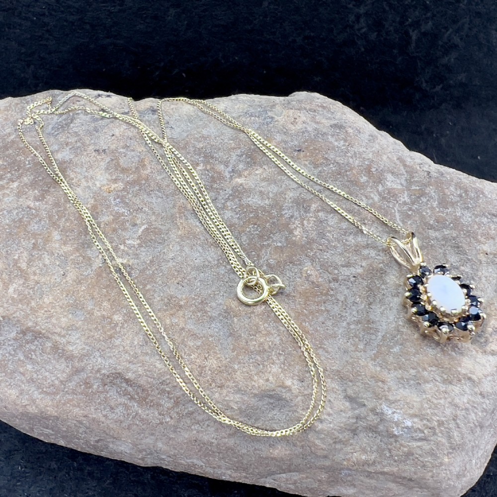 9ct Gold Sapphire & Fiery Opal Cluster Pendant Necklace View X