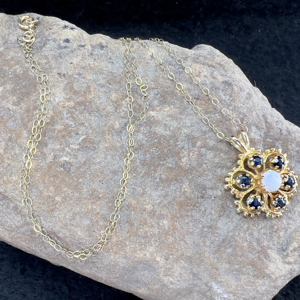 9ct Gold Fiery Opal & Sapphire Cluster Pendant Necklace  View IX
