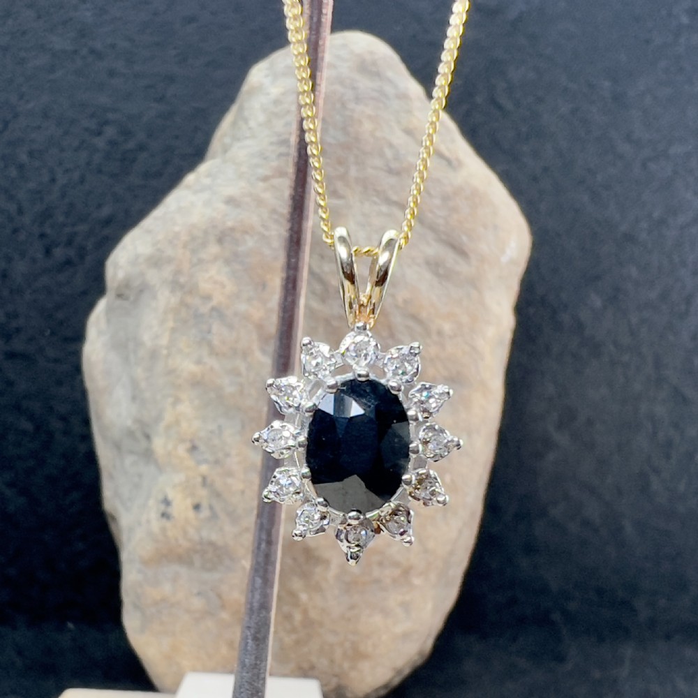 9ct Gold Sapphire & Diamond Cluster Pendant Necklace