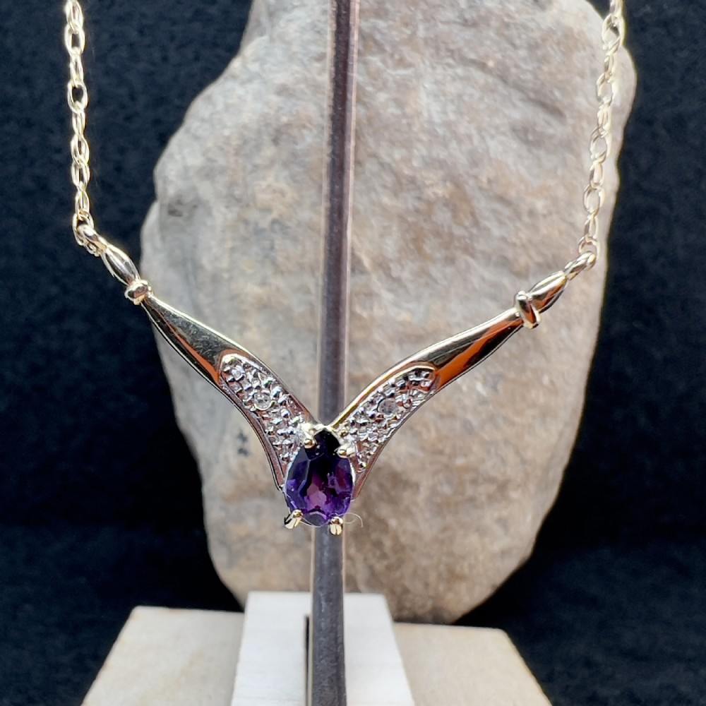 9ct Gold Amethyst & Diamond Wishbone Pendant Necklace