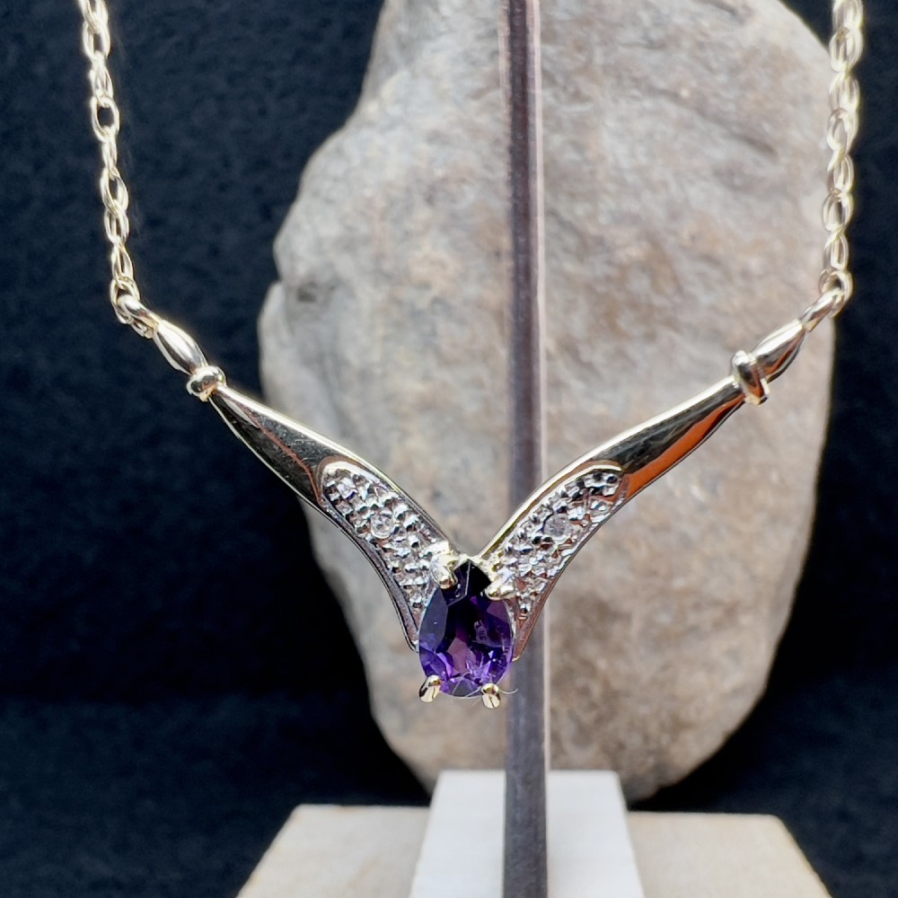 9ct Gold Amethyst & Diamond Wishbone Pendant Necklace View VIII