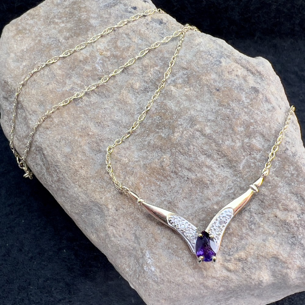 9ct Gold Amethyst & Diamond Wishbone Pendant Necklace View X