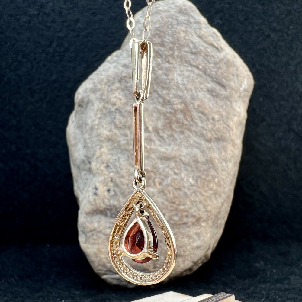 9ct Gold Pear Drop Garnet & Diamond Pendant Necklace View V