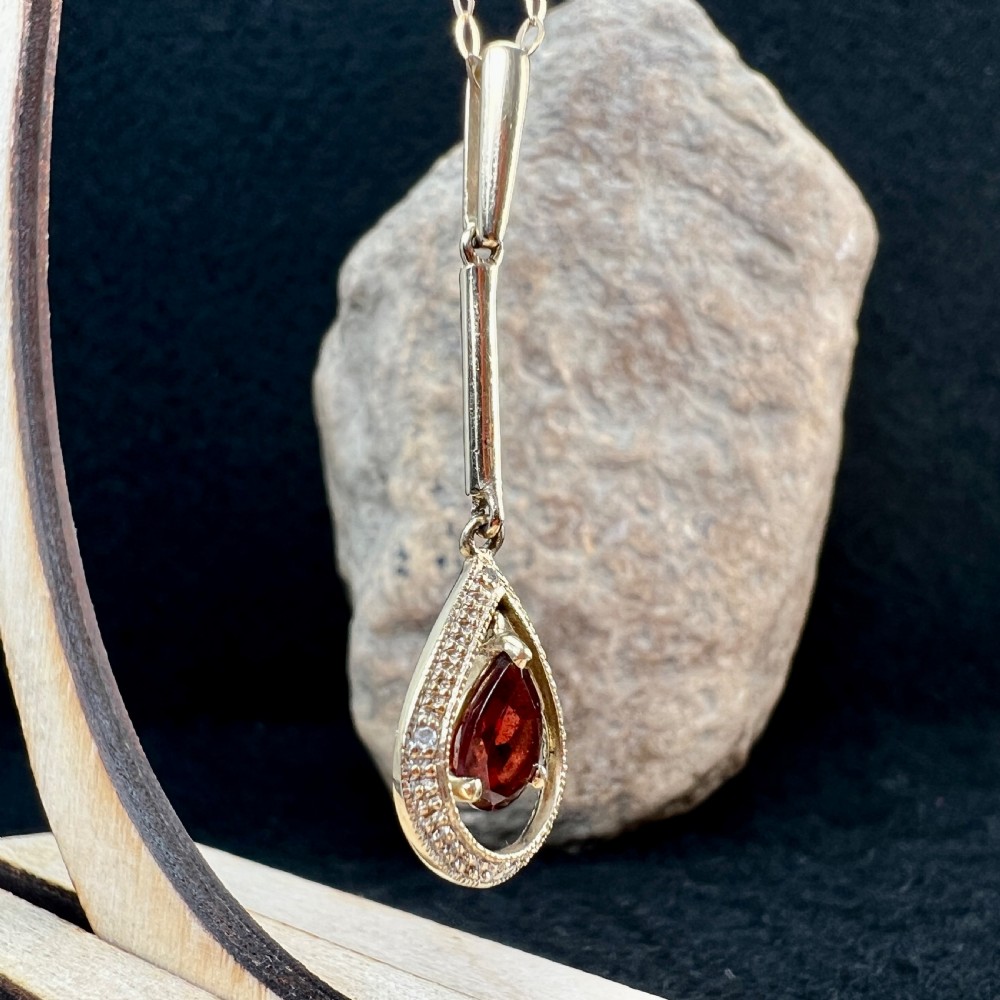 9ct Gold Pear Drop Garnet & Diamond Pendant Necklace View VII