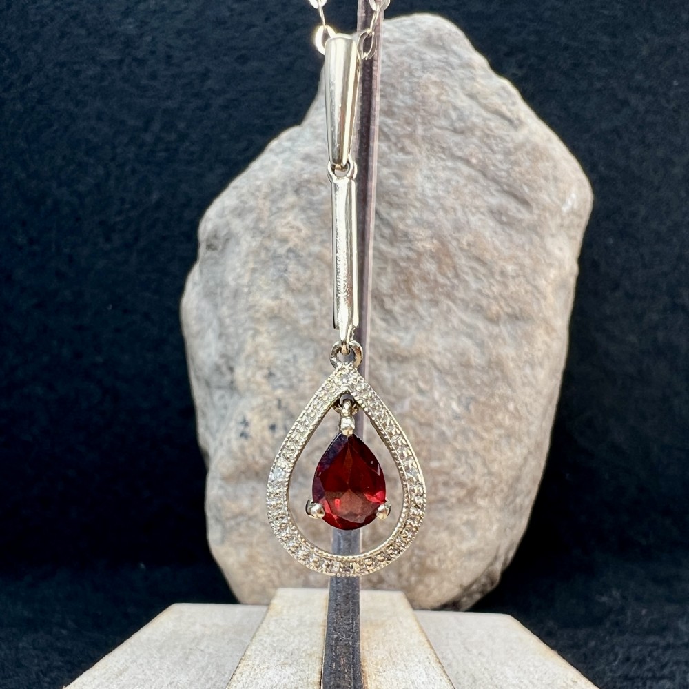 9ct Gold Pear Drop Garnet & Diamond Pendant Necklace View XI