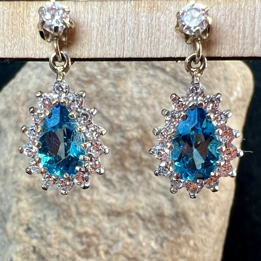 9ct Gold Swiss Blue Topaz & White Zircon Drop Stud Earrings