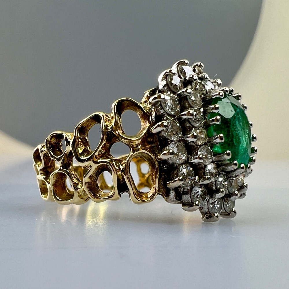 18ct Gold Art Deco Bespoke Made Emerald & Diamond (1.50ct) Cluster Ring  View VI