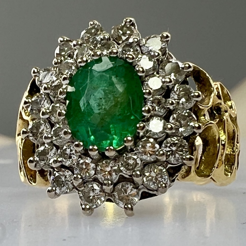 18ct Gold Art Deco Bespoke Made Emerald & Diamond (1.50ct) Cluster Ring 