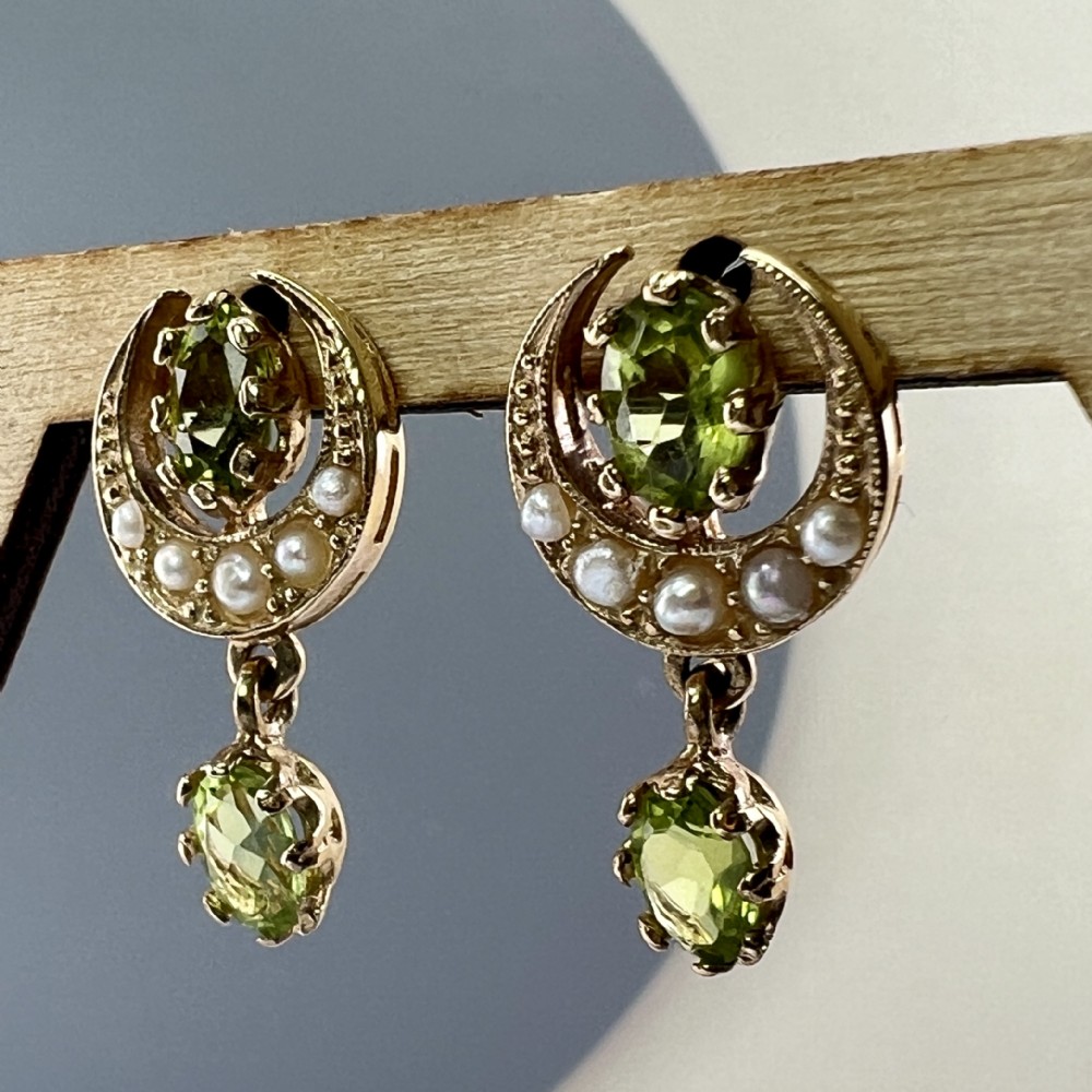 9ct Gold Peridot Moon & Stars Seed Pearls Peridot Lavaliere Drop Stud Earrings
