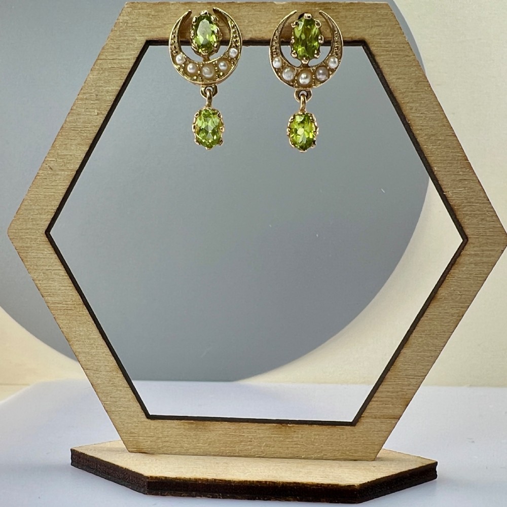 9ct Gold Peridot Moon & Stars Seed Pearls Peridot Lavaliere Drop Stud Earrings View VI