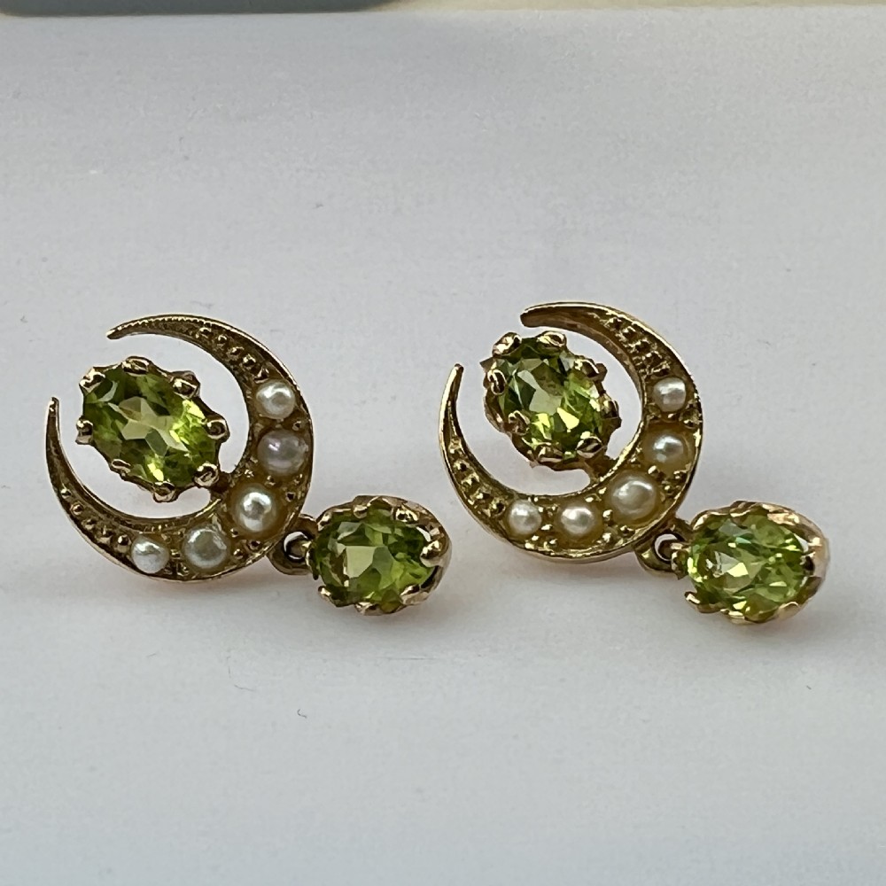 9ct Gold Peridot Moon & Stars Seed Pearls Peridot Lavaliere Drop Stud Earrings View VIII