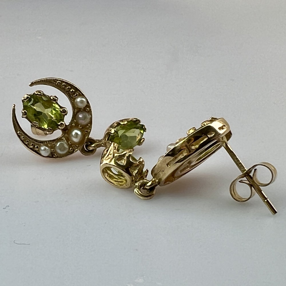 9ct Gold Peridot Moon & Stars Seed Pearls Peridot Lavaliere Drop Stud Earrings View IX