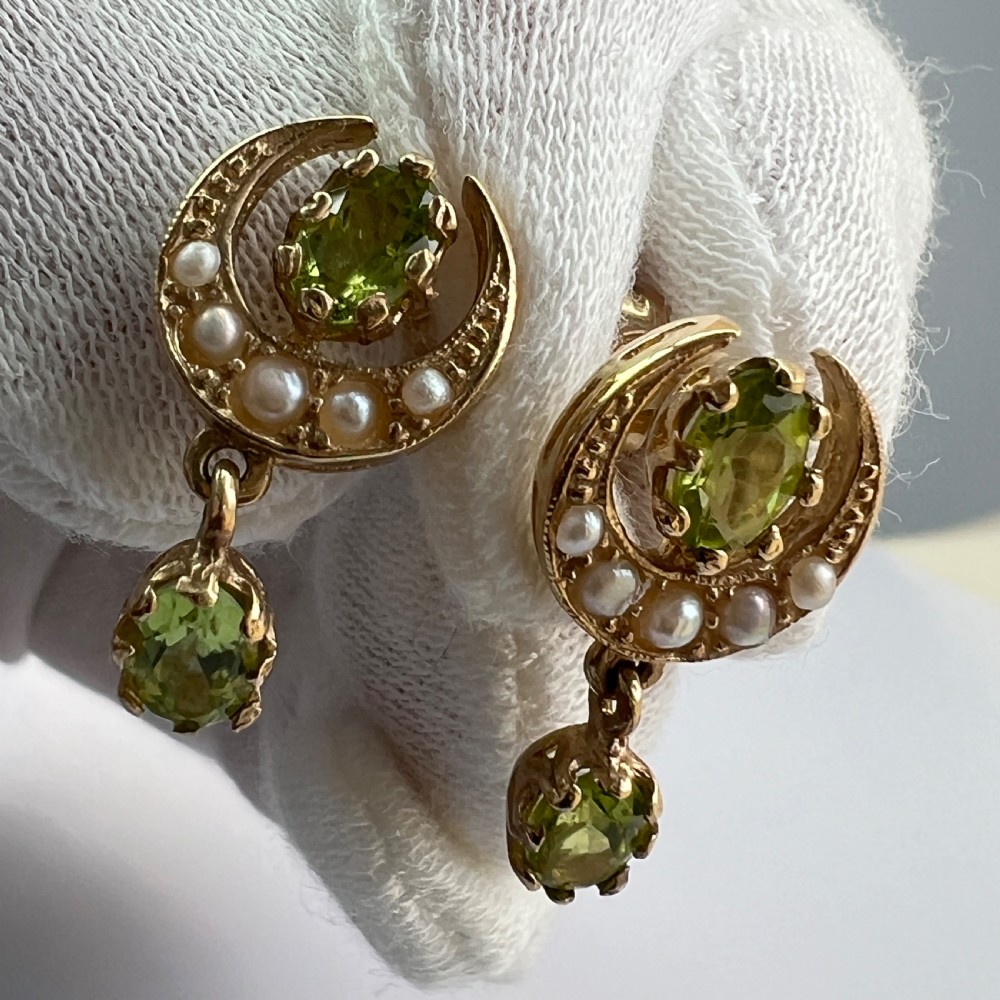 9ct Gold Peridot Moon & Stars Seed Pearls Peridot Lavaliere Drop Stud Earrings View X
