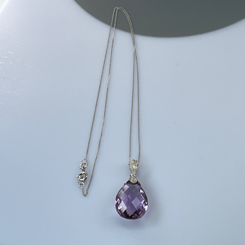 9ct White Gold Large Faceted Amethyst (20.00ct) Drop Pendant Necklace View IX