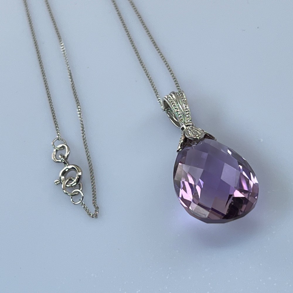 9ct White Gold Large Faceted Amethyst (20.00ct) Drop Pendant Necklace View X